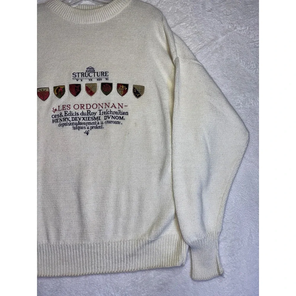 Vintage Structure Mens XL Cream Knit Sweater Heraldic Crest Embroidered Cotton